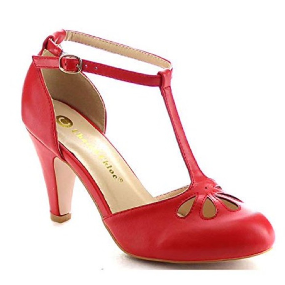 Kimmy-36 Teardrop Cut Out T-Strap Mid Heel Pumps